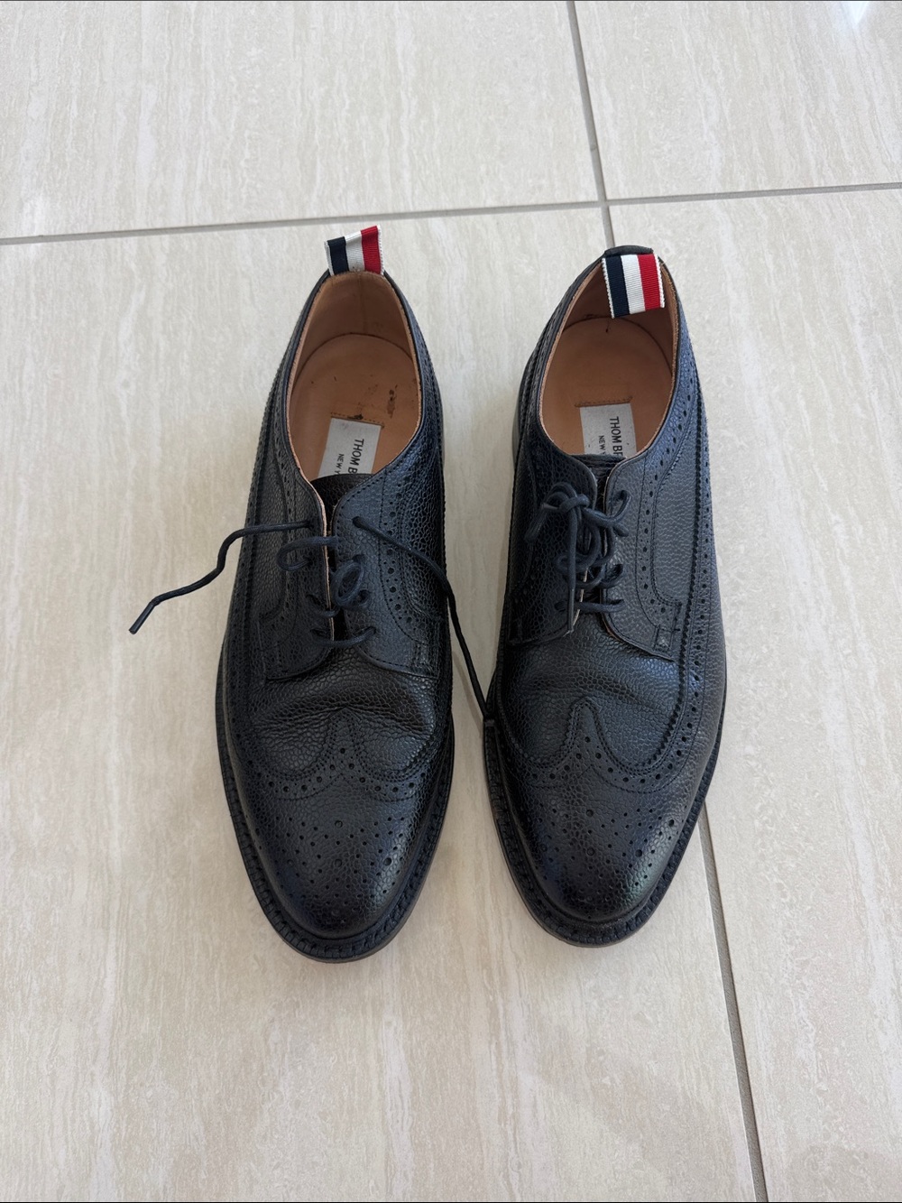 Thom Browne Black Leather Brogue Oxfords with Red-White-Blue Heel Loop